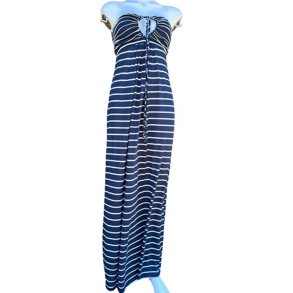 Tbags Los Angeles Halter Striped Blue White Key Hole Maxi Dress Size S - Picture 5 of 9